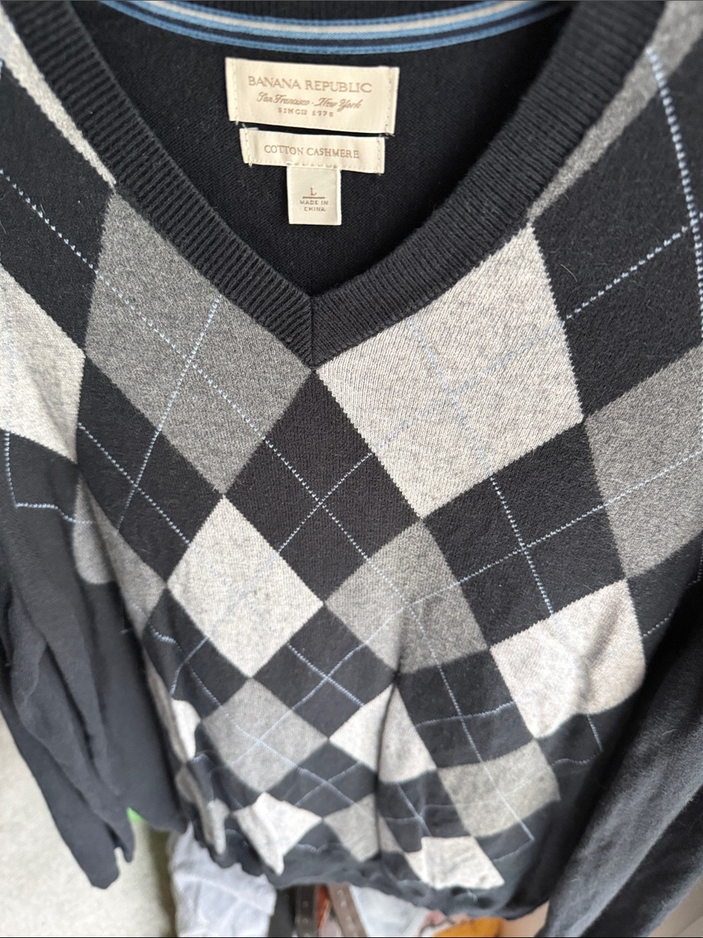 Banana Republic Men’s Black & Gray Argyle V-Neck Sweater